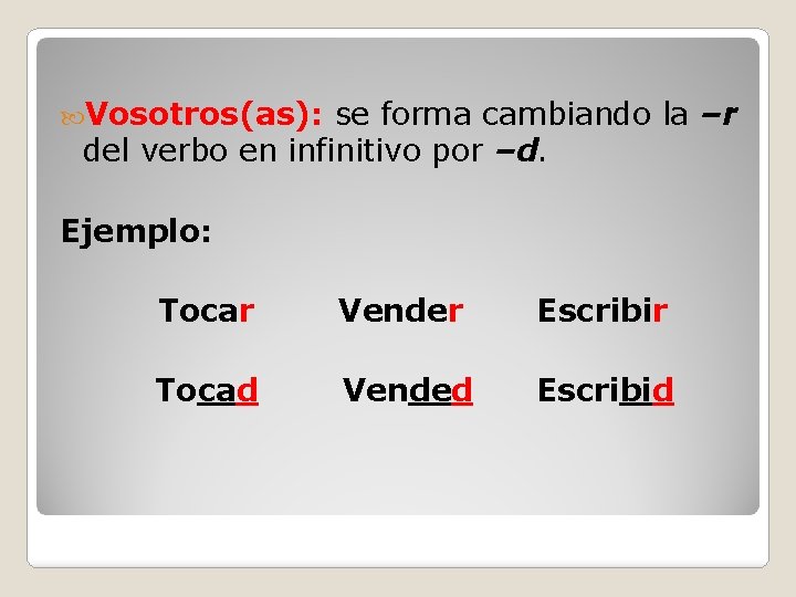 Vosotros(as): se forma cambiando la –r del verbo en infinitivo por –d. Ejemplo: