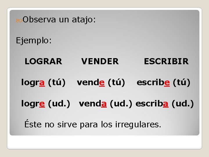  Observa un atajo: Ejemplo: LOGRAR VENDER ESCRIBIR logra (tú) vende (tú) escribe (tú)