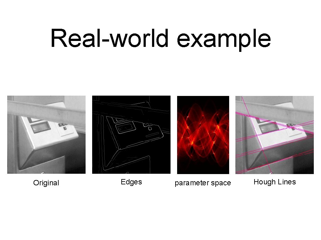 Real-world example Original Edges parameter space Hough Lines Real-world example Original Edges parameter space Hough Lines