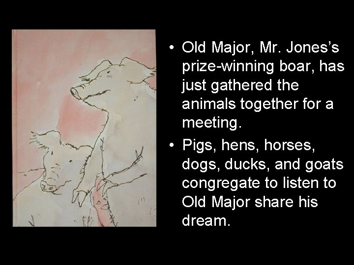  • Old Major, Mr. Jones’s prize-winning boar, has just gathered the animals together