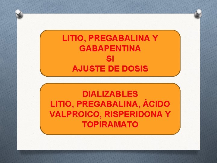 LITIO, PREGABALINA Y GABAPENTINA SI AJUSTE DE DOSIS DIALIZABLES LITIO, PREGABALINA, ÁCIDO VALPROICO, RISPERIDONA