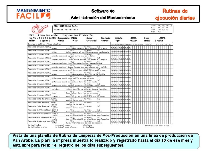 Software de Administración del Mantenimiento Rutinas de ejecución diarias Vista de una planilla de