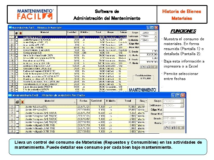 Historia de Bienes Software de Administración del Mantenimiento Materiales FUNCIONES • Muestra el consumo