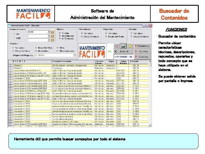 Software de Administración del Mantenimiento Buscador de Contenidos FUNCIONES • Buscador de contenidos •