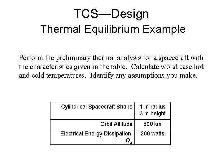 TCS—Design Thermal Equilibrium Example Perform the preliminary thermal analysis for a spacecraft with the