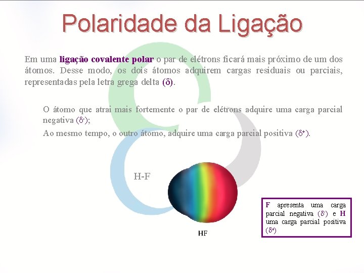 Polaridade da Ligação Em uma ligação covalente polar o par de elétrons ficará mais