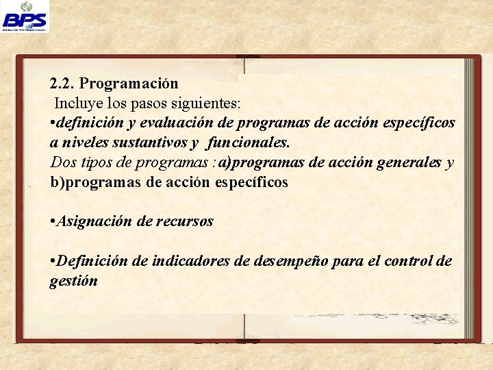 2. 2. Programación Incluye los pasos siguientes: • definición y evaluación de programas de