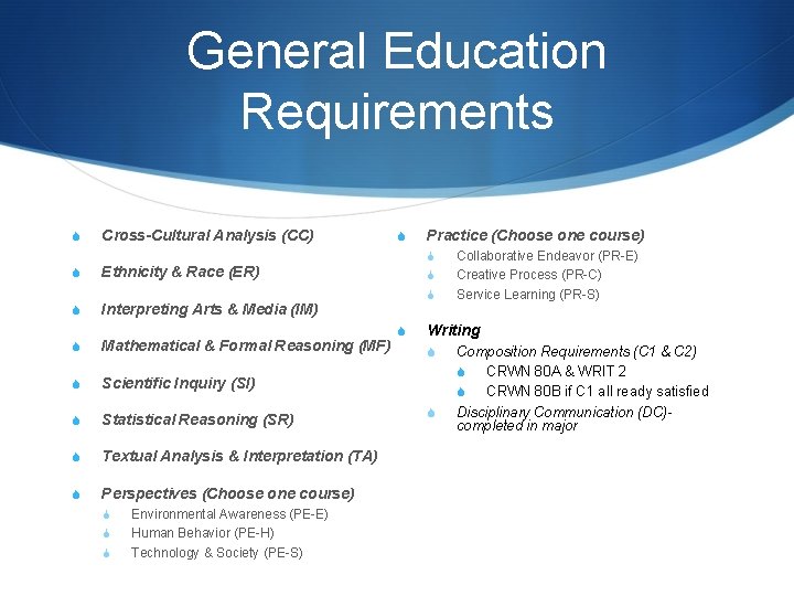 General Education Requirements S Cross-Cultural Analysis (CC) S Practice (Choose one course) S S