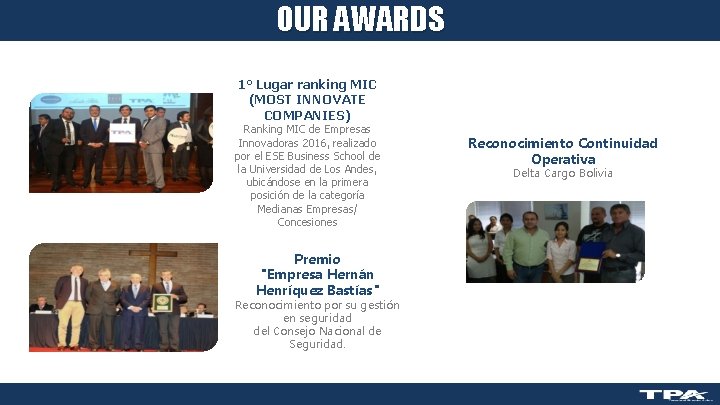 OUR AWARDS 1° Lugar ranking MIC (MOST INNOVATE COMPANIES) TPA , WHAT HAVE WE