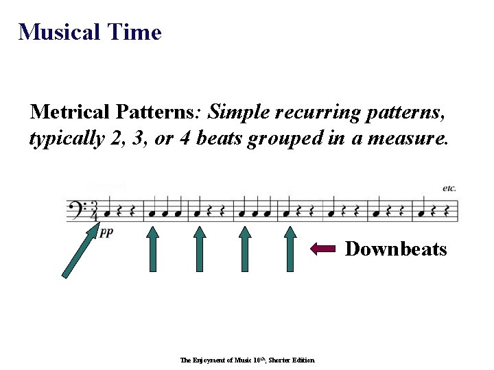 Musical Time Metrical Patterns: Simple recurring patterns, typically 2, 3, or 4 beats grouped