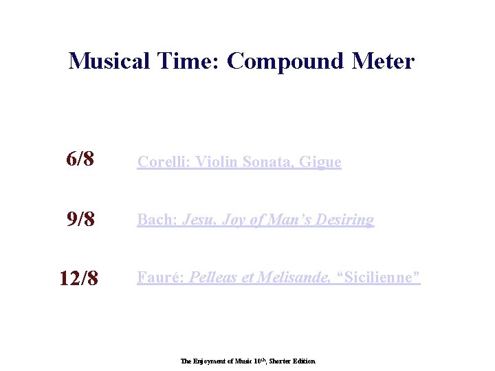 Musical Time: Compound Meter 6/8 Corelli: Violin Sonata, Gigue 9/8 Bach: Jesu, Joy of