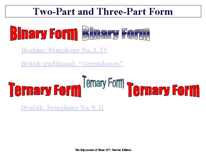 Two-Part and Three-Part Form Brahms: Symphony No. 1, IV British traditional: “Greensleeves” Dvořák: Symphony