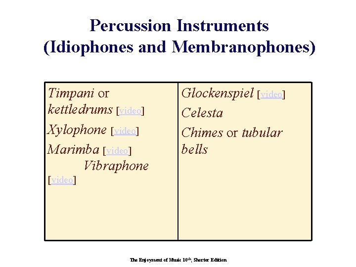 Percussion Instruments (Idiophones and Membranophones) Timpani or kettledrums [video] Xylophone [video] Marimba [video] Vibraphone