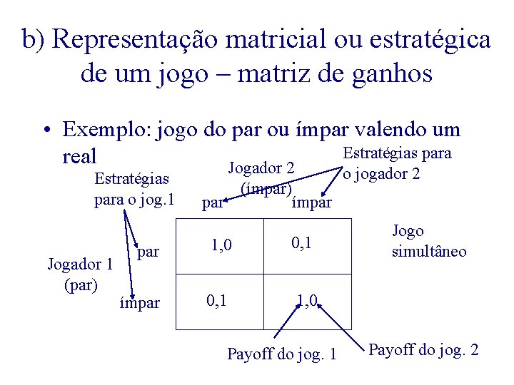 b) Representação matricial ou estratégica de um jogo – matriz de ganhos • Exemplo: