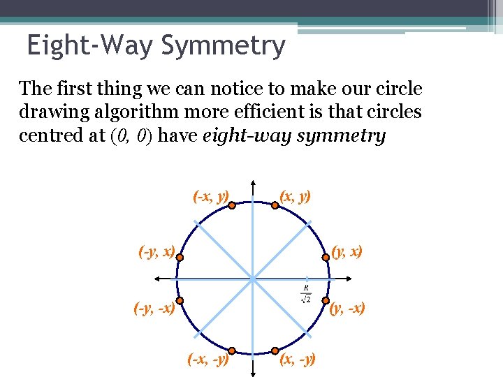 Eight-Way Symmetry The first thing we can notice to make our circle drawing algorithm