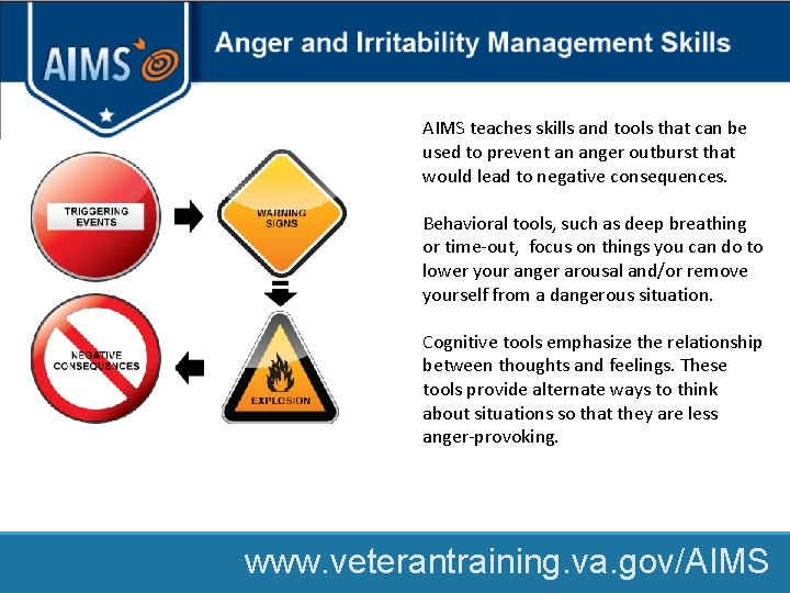 AIMS teaches skills and tools that can be used to prevent an anger outburst