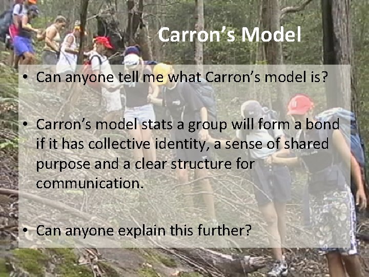 Carron’s Model • Can anyone tell me what Carron’s model is? • Carron’s model