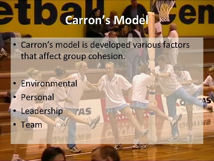 Carron’s Model • Carron’s model is developed various factors that affect group cohesion. •