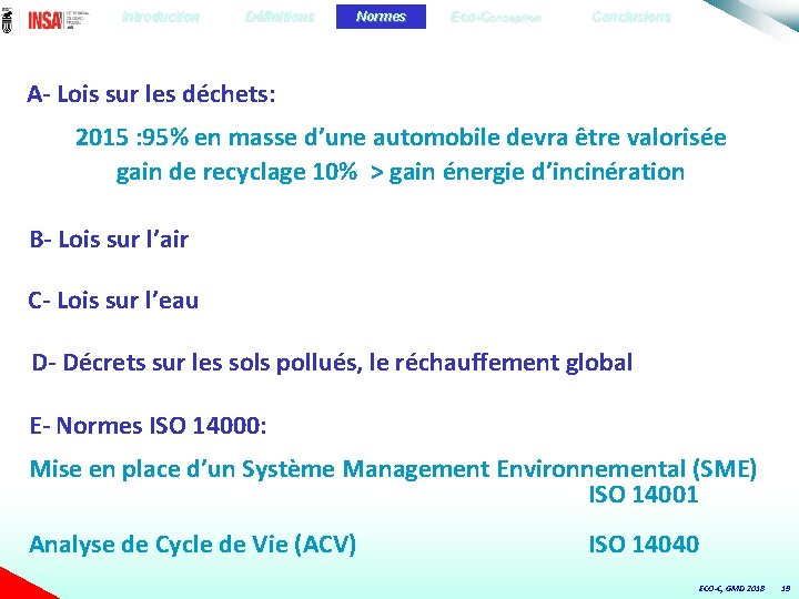 Introduction Définitions Normes Eco-Conception Conclusions A- Lois sur les déchets: 2015 : 95% en