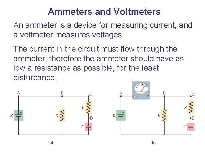 Ammeters and Voltmeters An ammeter is a device for measuring current, and a voltmeter