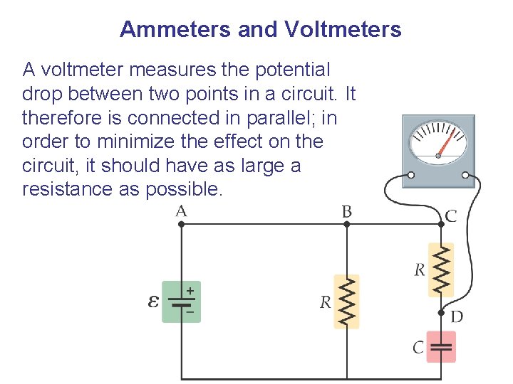 Ammeters and Voltmeters A voltmeter measures the potential drop between two points in a