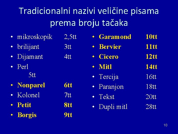 Tradicionalni nazivi veličine pisama prema broju tačaka • • mikroskopik brilijant Dijamant Perl 5