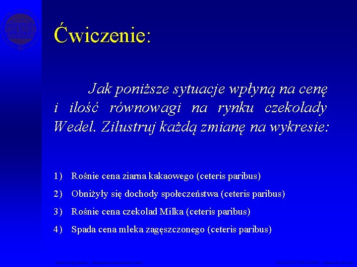 Ćwiczenie: Jak poniższe sytuacje wpłyną na cenę i ilość równowagi na rynku czekolady Wedel.