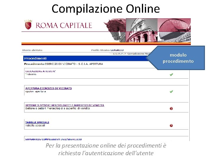 Compilazione Online modulo procedimento Per la presentazione online dei procedimenti è richiesta l’autenticazione dell’utente