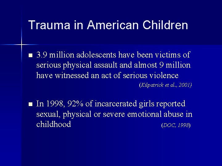 Trauma in American Children n 3. 9 million adolescents have been victims of serious