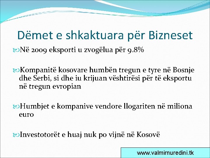 Dëmet e shkaktuara për Bizneset Në 2009 eksporti u zvogëlua për 9. 8% Kompanitë