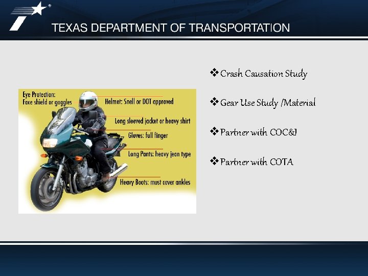 v. Crash Causation Study v. Gear Use Study /Material v. Partner with COC&I v.