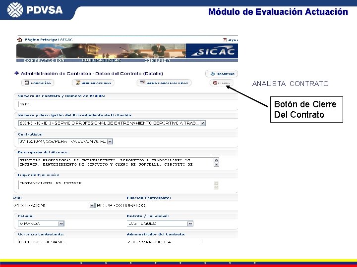 Módulo de Evaluación Actuación ANALISTA CONTRATO Botón de Cierre Del Contrato 