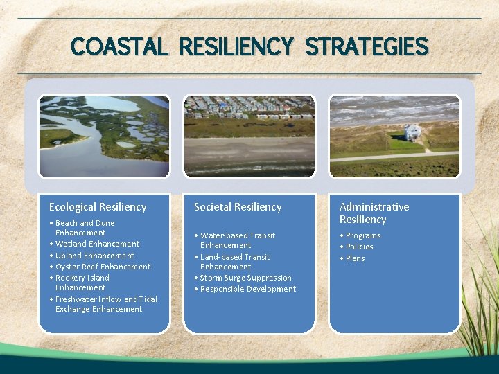 COASTAL RESILIENCY STRATEGIES Ecological Resiliency Societal Resiliency • Beach and Dune Enhancement • Wetland COASTAL RESILIENCY STRATEGIES Ecological Resiliency Societal Resiliency • Beach and Dune Enhancement • Wetland