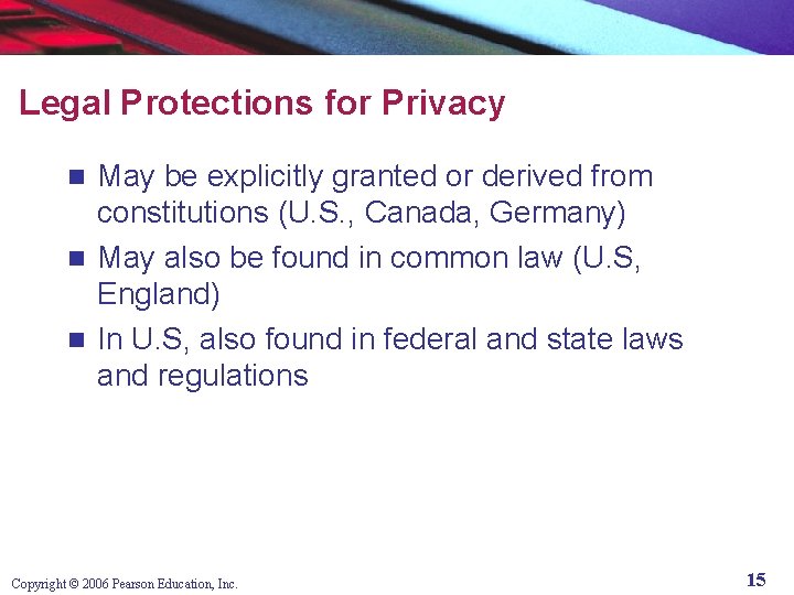 Legal Protections for Privacy May be explicitly granted or derived from constitutions (U. S.