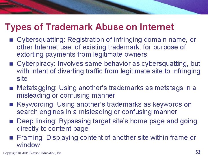 Types of Trademark Abuse on Internet n n n Cybersquatting: Registration of infringing domain