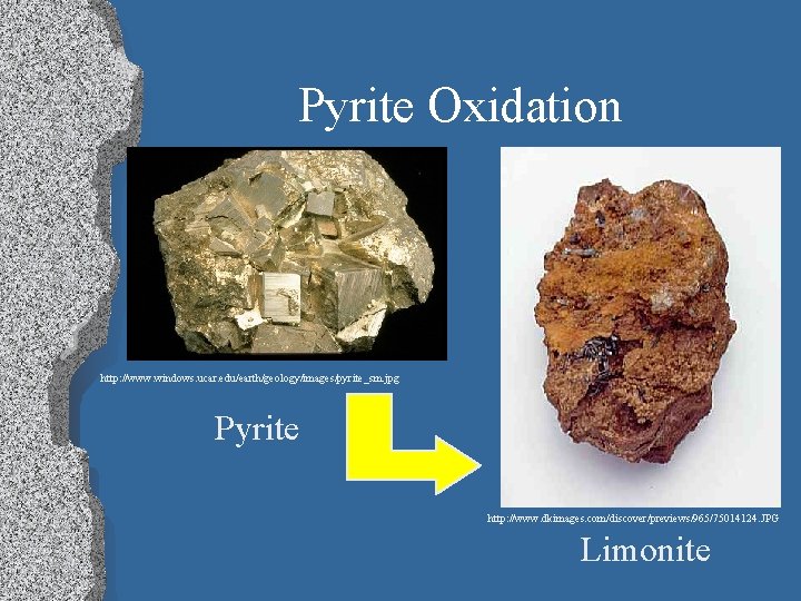 Pyrite Oxidation http: //www. windows. ucar. edu/earth/geology/images/pyrite_sm. jpg Pyrite http: //www. dkimages. com/discover/previews/965/75014124. JPG