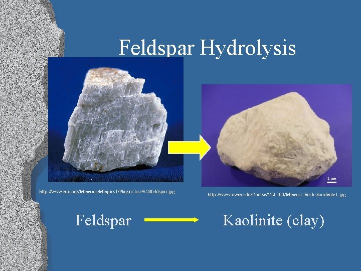 Feldspar Hydrolysis http: //www. mii. org/Minerals/Minpics 1/Plagioclase%20 feldspar. jpg Feldspar http: //www. uwm. edu/Course/422