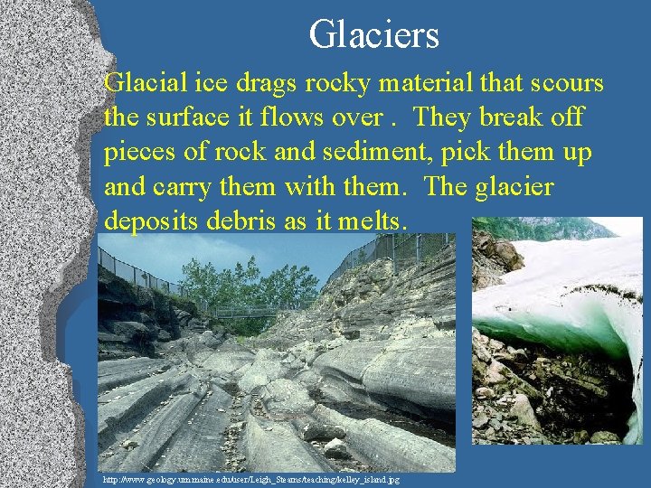 Glaciers Glacial ice drags rocky material that scours the surface it flows over. They