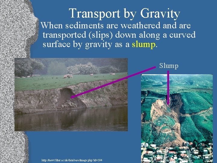 Transport by Gravity When sediments are weathered and are transported (slips) down along a