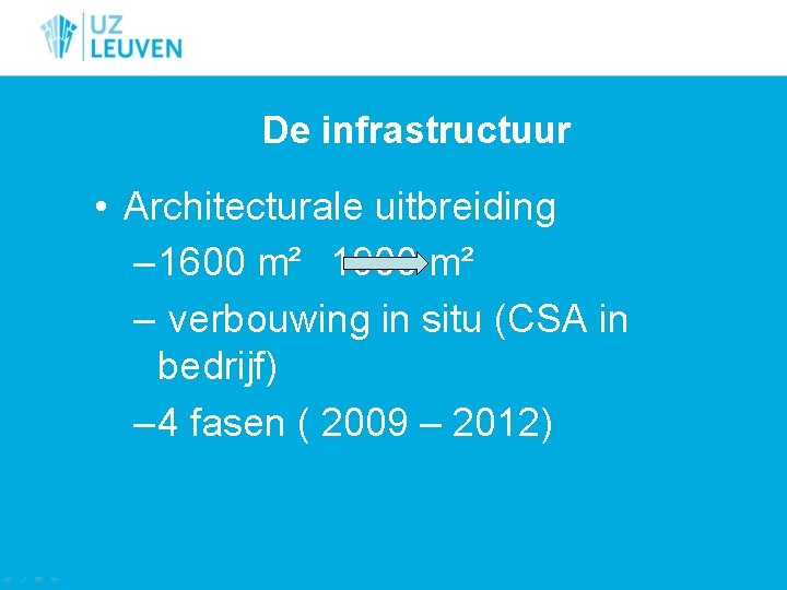 De infrastructuur • Architecturale uitbreiding – 1600 m² 1900 m² – verbouwing in situ