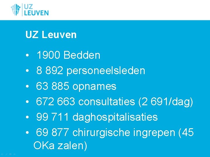 UZ Leuven • • • 1900 Bedden 8 892 personeelsleden 63 885 opnames 672