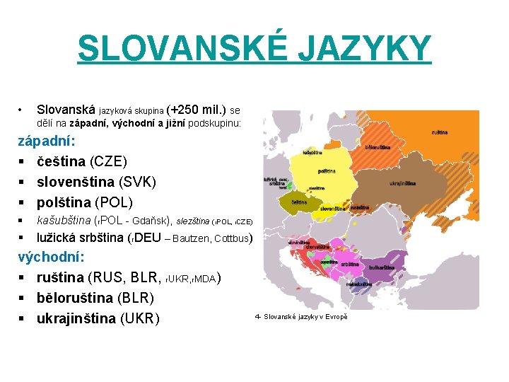SLOVANSKÉ JAZYKY • Slovanská jazyková skupina (+250 mil. ) se dělí na západní, východní