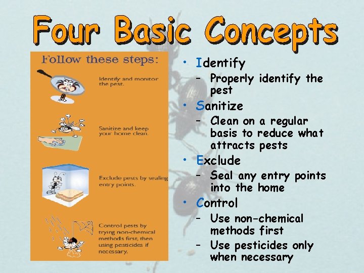  • Identify – Properly identify the pest • Sanitize – Clean on a