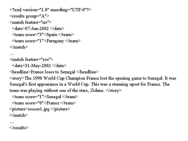 <? xml version="1. 0" encoding="UTF-8"? > <results group="A"> <match feature="no"> <date>07 -Jun-2002 </date> <team