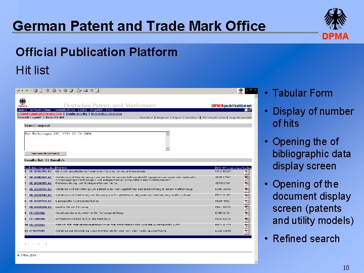 German Patent and Trade Mark Office DPMA Official Publication Platform Hit list • Tabular