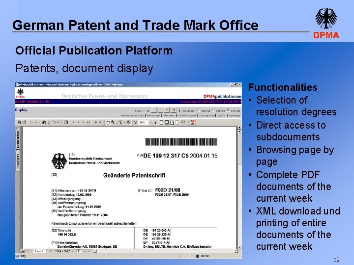 German Patent and Trade Mark Office DPMA Official Publication Platform Patents, document display Functionalities