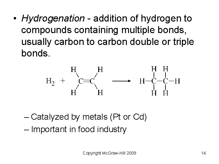 • Hydrogenation - addition of hydrogen to compounds containing multiple bonds, usually carbon • Hydrogenation - addition of hydrogen to compounds containing multiple bonds, usually carbon