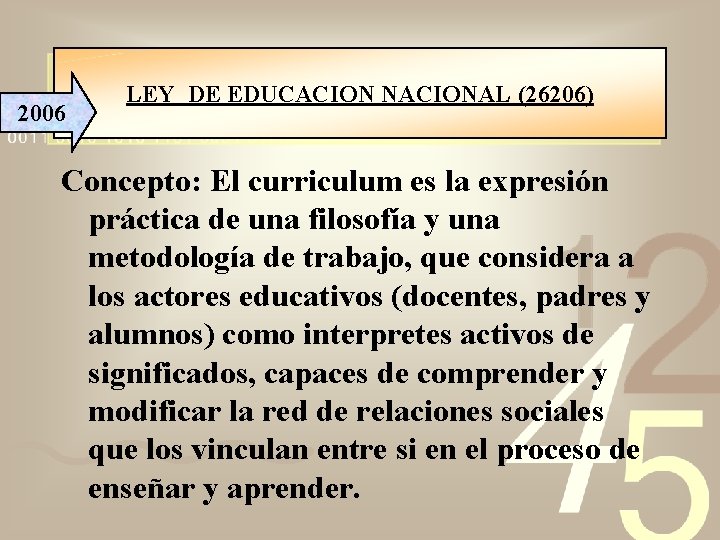 2006 LEY DE EDUCACION NACIONAL (26206) Concepto: El curriculum es la expresión práctica de