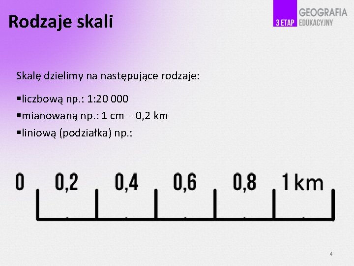 Rodzaje skali Skalę dzielimy na następujące rodzaje: liczbową np. : 1: 20 000 mianowaną