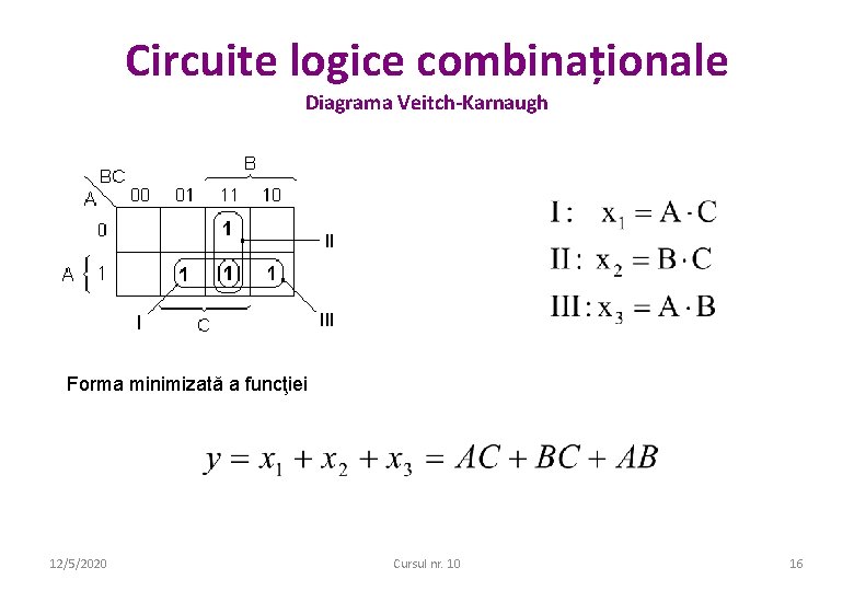 Circuite logice combinaționale Diagrama Veitch-Karnaugh Forma minimizată a funcţiei 12/5/2020 Cursul nr. 10 16 Circuite logice combinaționale Diagrama Veitch-Karnaugh Forma minimizată a funcţiei 12/5/2020 Cursul nr. 10 16